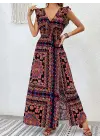 Kadın Kısa Kollu V Yakalı Deseni Yırtmaçlı Süprem Elbise