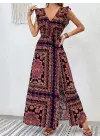 Kadın Kısa Kollu V Yakalı Deseni Yırtmaçlı Süprem Elbise