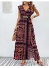 Kadın Kısa Kollu V Yakalı Deseni Yırtmaçlı Süprem Elbise