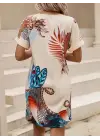 Kadın Kısa Kollu V Yakalı Desenli Mini Atlas Elbise