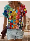 Kadın Kısa Kollu V Yakalı Desenli Süprem Bluz