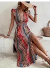 Omarı Şık Desenli Yandan Yırtmaçlı Kadın Elbisesi