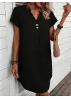 Kadın Kısa Kollu V Yakalı Düğmeli Müslim Kısa Elbise