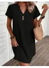 Kadın Kısa Kollu V Yakalı Düğmeli Müslim Kısa Elbise