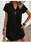 Kadın Kısa Kollu V Yakalı Düğmeli Müslim Kısa Elbise