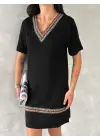 Kadın Kısa Kollu V Yakalı Etnik Desen şerit Detaylı Viskon Elbise