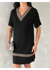 Kadın Kısa Kollu V Yakalı Etnik Desen şerit Detaylı Viskon Elbise