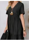 Kadın Kısa Kollu V Yakalı Fırfırlı Bürümcük Elbise