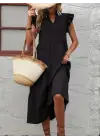 Kadın Kısa Kollu V Yakalı Geniş Kesim Uzun Trikoton Elbise