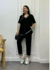 Kadın Kısa Kollu V Yakalı Iki Iplik Bluz Ve Pantolon Ikili Takım