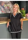 Kadın Kısa Kollu V Yakalı Iki Iplik Bluz Ve Pantolon Ikili Takım