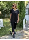Kadın Kısa Kollu V Yakalı Iki Iplik Bluz Ve Pantolon Ikili Takım