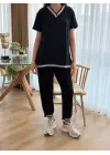 Kadın Kısa Kollu V Yakalı Iki Iplik Bluz Ve Pantolon Ikili Takım