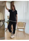 Kadın Kısa Kollu V Yakalı Iki Iplik Bluz Ve Pantolon Ikili Takım