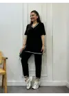 Kadın Kısa Kollu V Yakalı Iki Iplik Bluz Ve Pantolon Ikili Takım