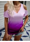 Kadın Kısa Kollu V Yakalı Iki Omuzu Açık Baskılı Süprem Bluz