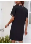 Kadın Kısa Kollu V Yakalı Leopar Desen Detaylı Modal Elbise