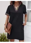Kadın Kısa Kollu V Yakalı Leopar Desen Detaylı Modal Elbise