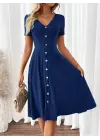 Kadın Kısa Kollu V Yakalı önden Düğmeli A Kesim Dokuma Elbise