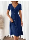 Kadın Kısa Kollu V Yakalı önden Düğmeli A Kesim Dokuma Elbise