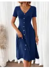 Kadın Kısa Kollu V Yakalı önden Düğmeli A Kesim Dokuma Elbise