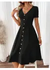 Kadın Kısa Kollu V Yakalı önden Düğmeli A Kesim Dokuma Elbise