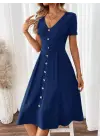 Kadın Kısa Kollu V Yakalı önden Düğmeli A Kesim Dokuma Elbise
