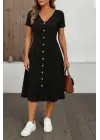 Kadın Kısa Kollu V Yakalı önden Düğmeli A Kesim Dokuma Elbise