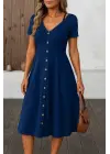 Kadın Kısa Kollu V Yakalı önden Düğmeli A Kesim Dokuma Elbise