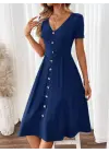 Kadın Kısa Kollu V Yakalı önden Düğmeli A Kesim Dokuma Elbise