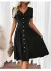 Kadın Kısa Kollu V Yakalı önden Düğmeli A Kesim Dokuma Elbise
