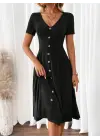Kadın Kısa Kollu V Yakalı önden Düğmeli A Kesim Dokuma Elbise