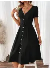 Kadın Kısa Kollu V Yakalı önden Düğmeli A Kesim Dokuma Elbise