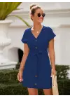 Kadın Kısa Kollu V Yakalı önden Düğmeli Belden Kuşaklı Cepli Sofya Elbise