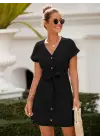 Kadın Kısa Kollu V Yakalı önden Düğmeli Belden Kuşaklı Cepli Sofya Elbise