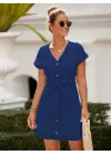 Kadın Kısa Kollu V Yakalı önden Düğmeli Belden Kuşaklı Cepli Sofya Elbise