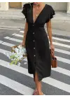 Kadın Kısa Kollu V Yakalı önden Düğmeli Bürümcük Midi Elbise