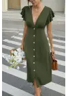 Kadın Kısa Kollu V Yakalı önden Düğmeli Bürümcük Midi Elbise