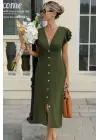 Kadın Kısa Kollu V Yakalı önden Düğmeli Bürümcük Midi Elbise