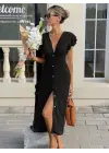 Kadın Kısa Kollu V Yakalı önden Düğmeli Bürümcük Midi Elbise