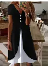 Kadın Kısa Kollu V Yakalı önden Düğmeli çift Renkli Viskon Elbise