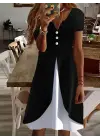Kadın Kısa Kollu V Yakalı önden Düğmeli çift Renkli Viskon Elbise