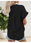 Kadın Kısa Kollu V Yakalı önden Düğmeli Dokuma Gömlek