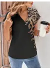 Kadın Kısa Kollu V Yakalı önden Düğmeli Leopar Desen Detaylı Viskon Bluz