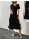Kadın Kısa Kollu V Yakalı önden Düğmeli Yırtmaçlı Midi Viskon Elbise