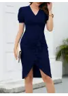 Kadın Kısa Kollu V Yakalı önden Fırfırlı Ithal Krep Elbise