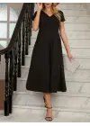 Kadın Kısa Kollu V Yakalı önden Pileli Midi Janjan Krep Elbise