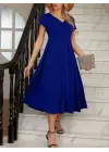 Kadın Kısa Kollu V Yakalı önden Pileli Midi Janjan Krep Elbise