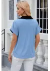 Kadın Kısa Kollu V Yakalı önden şerit Detaylı Sandy Bluz