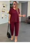 Kadın Kısa Kollu V Yakalı Pul Payetli Viskon Iki Iplik Bluz Ve Pantolon Ikili Takım